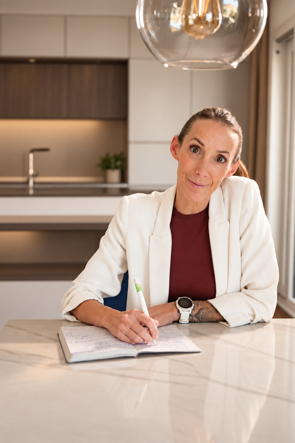 Monika Juritsch bei der Arbeit mit ihrem Notizbuch